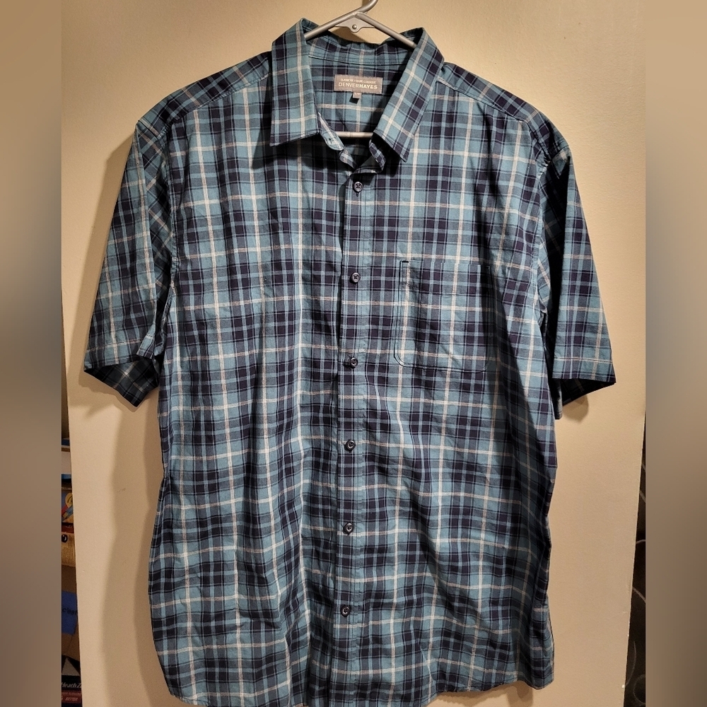 Denver Hayes Navy and Light Blue Plaid Shirt, Size Large